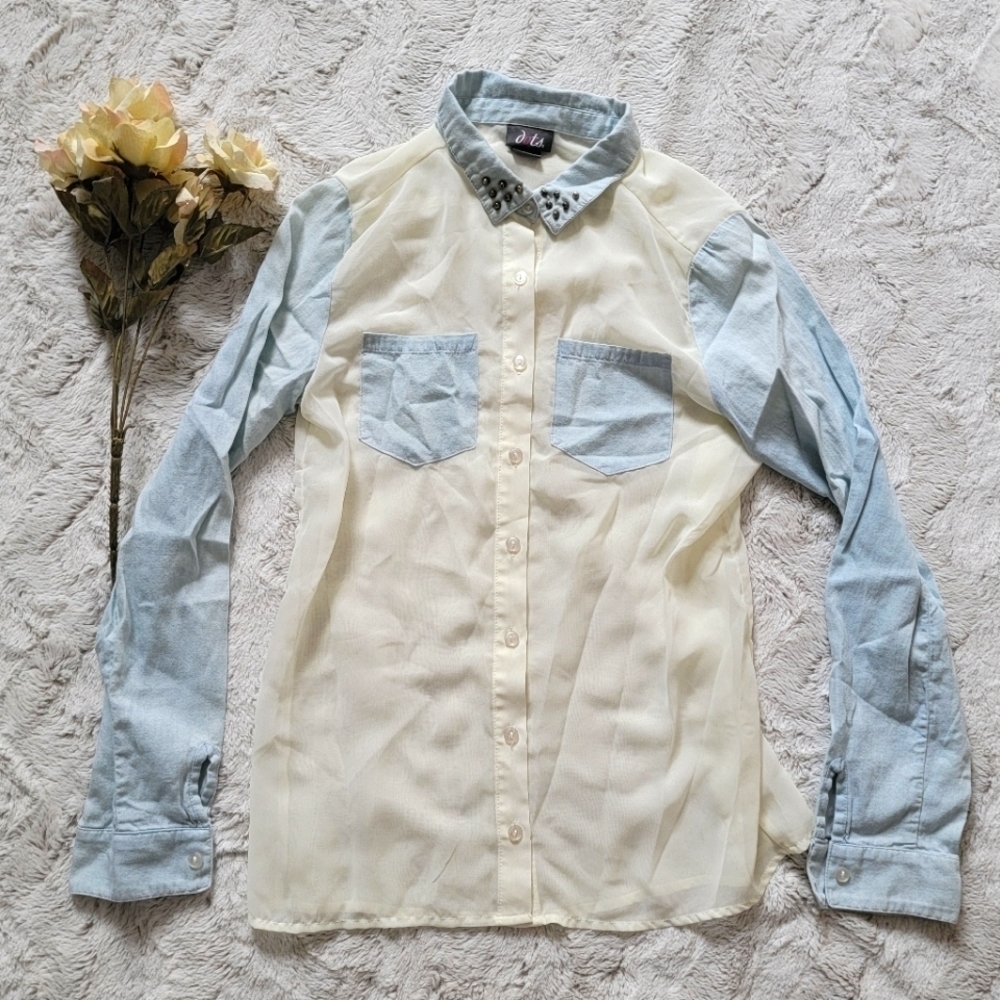 Dots Sheer Body Light Denim Cloth Studded Collar Accent Blouse Size S